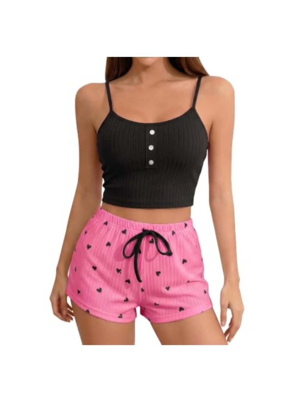 Womens Cami Pajama Set 2 Piece Tank Top Heart Print Shorts Summer Sleepwear